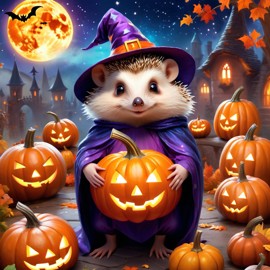 european hedgehog in a halloween costume, with a magical and ethereal atmosphere surrounded by pumpkins.