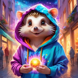 european hedgehog in a colorful hoodie, with a magical urban background highlighting a cute and happy vibe.