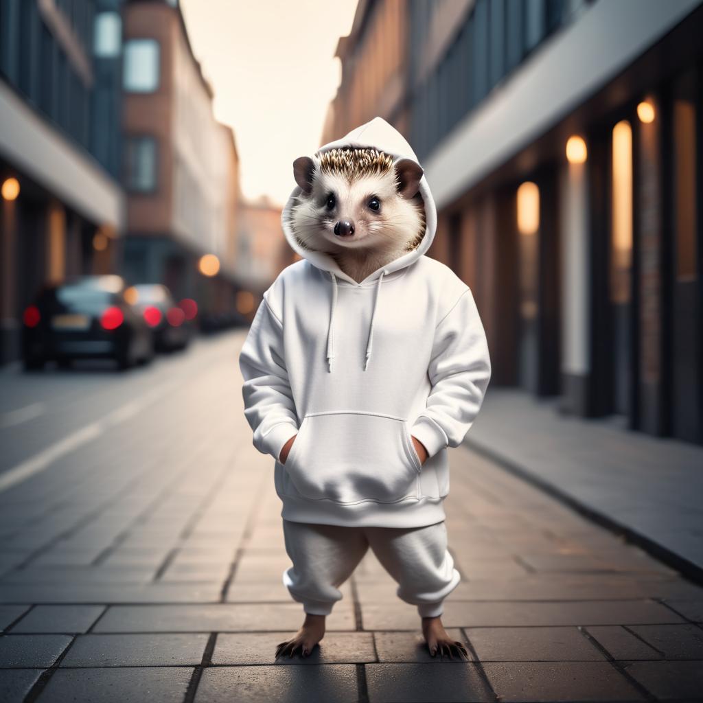 european hedgehog in a white hoodie, showcasing a modern urban setting with a cute and stylish look.