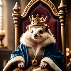 european hedgehog as a king in a magical castle, wearing a crown and robe, seated on a throne.