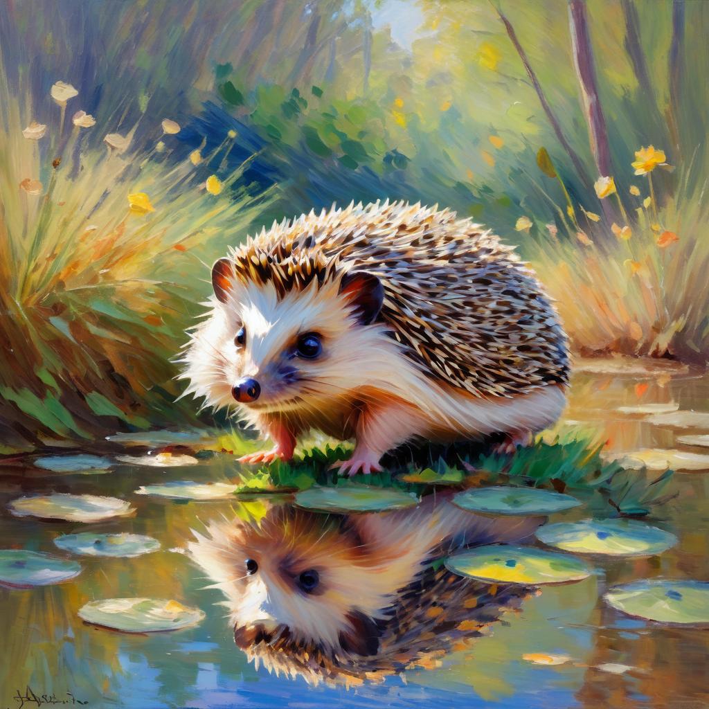 european hedgehog in the style of monet, featuring delicate brush strokes and a classic, artistic appearance.