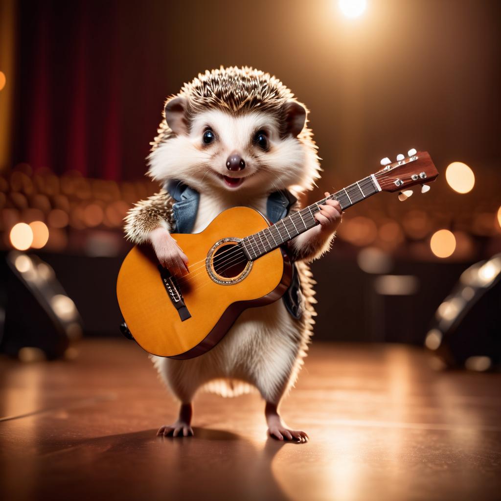 european hedgehog as a musician playing guitar in a cinematic concert hall, capturing dynamic and high-energy performance.