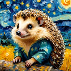 european hedgehog by van gogh, featuring starry night brush strokes, capturing a cute and happy expression.