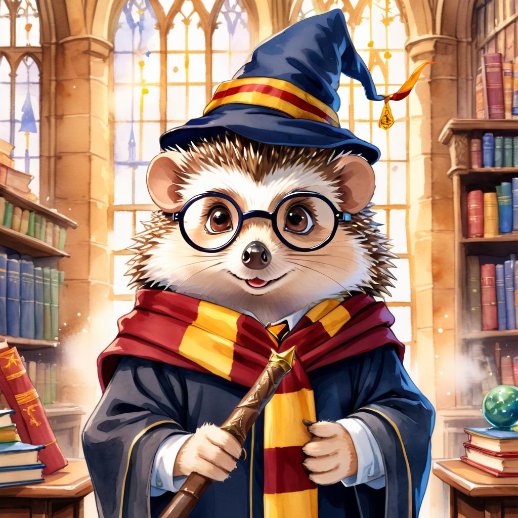 watercolor painting of european hedgehog as harry potter, complete with glasses and hogwarts backdrop, highlighting a vibrant and magical scene.