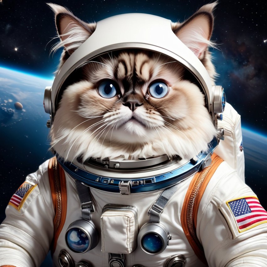 himalayan cat as astronaut in space, wearing spacesuit, highly detailed and lifelike.