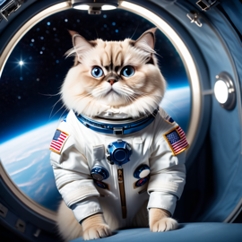 himalayan cat as astronaut in space, wearing spacesuit, with spacestation background.