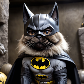 himalayan cat as batman in batcave, wearing batman suit and mask, highly detailed.