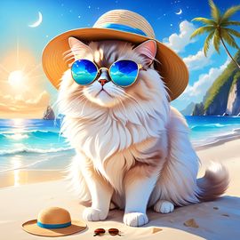 himalayan-cat-beach-white-sand-blue-sea-sunglasses-summer-hat-7296a999da8b44babbf4093b8b037b6d