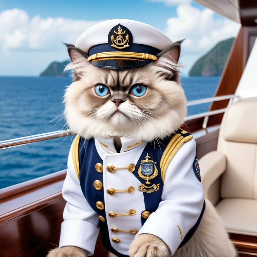 himalayan cat as a captain on a luxury yacht, wearing captain uniform, highly detailed.