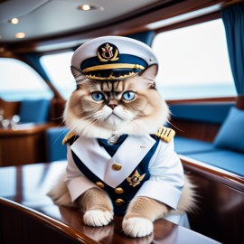 himalayan cat as a captain on a luxury yacht, wearing captain uniform, against a blue sea.