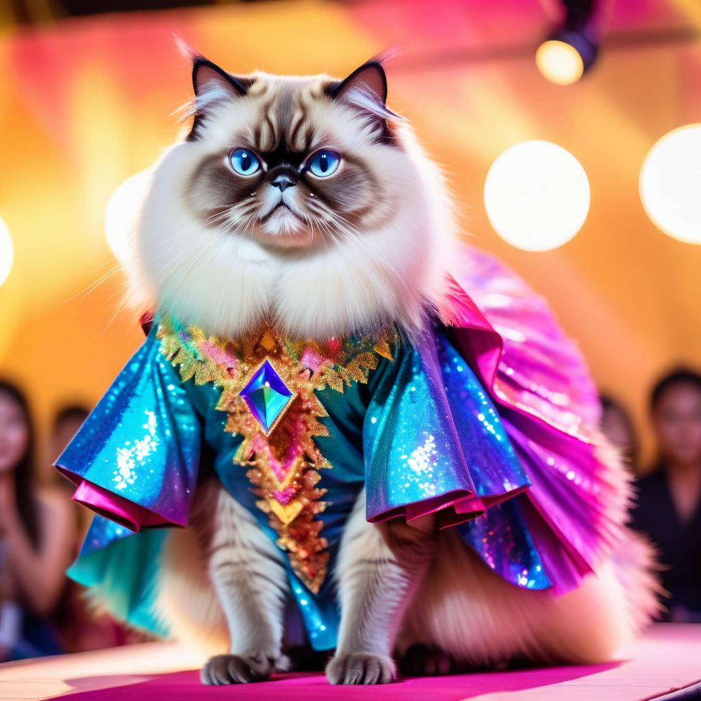 himalayan cat strutting down the fashion show catwalk stage in an extravagant cosmic-themed outfit with iridescent fabrics, high energy and extravagant.