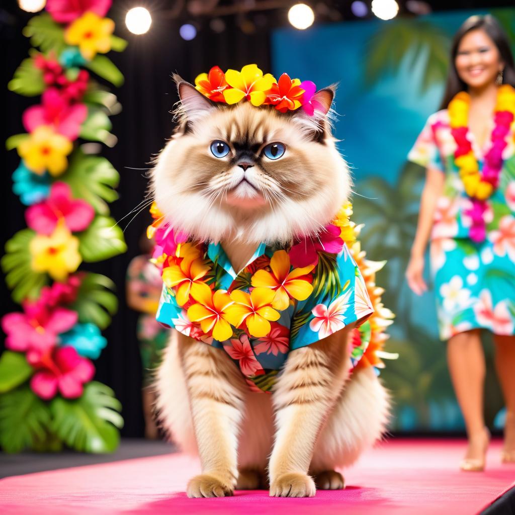 himalayan cat strutting down the fashion show catwalk stage in a vibrant hawaiian shirt and a floral lei, high energy and joyful.