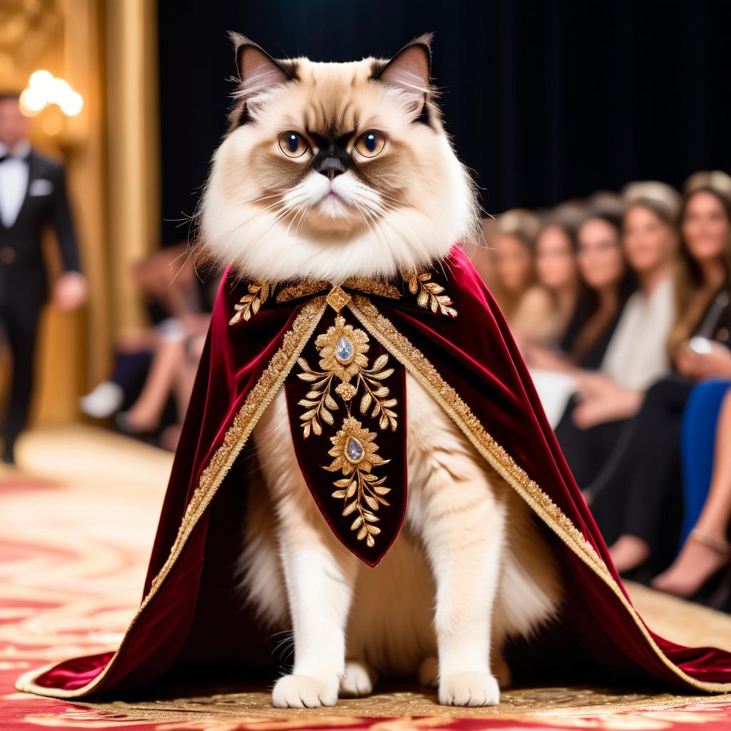 himalayan cat strutting down the fashion show catwalk stage in a luxurious velvet cape with gold embroidery, high energy and majestic.