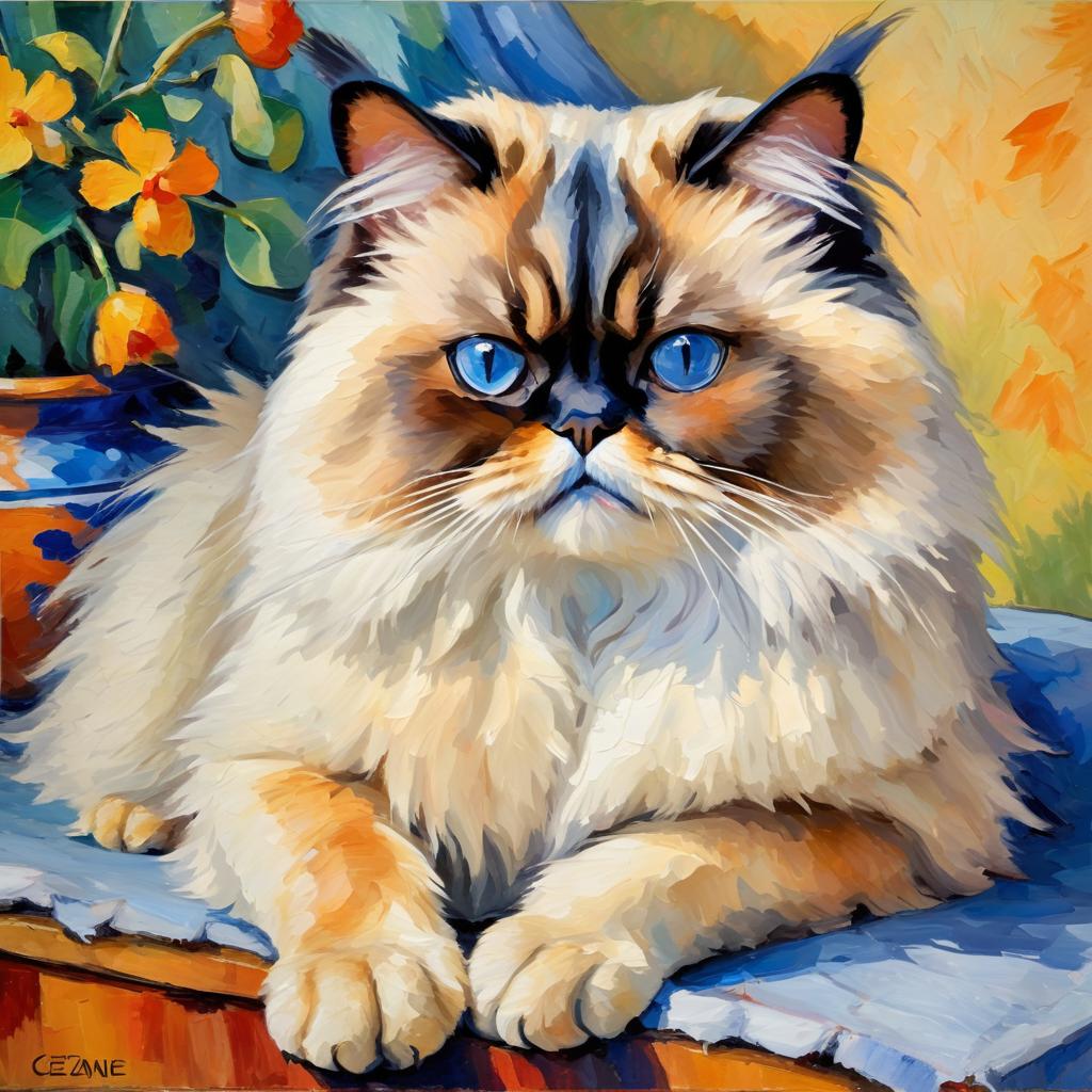 himalayan cat in the style of cezanne, highlighting classic brush strokes and an elegant, timeless look.