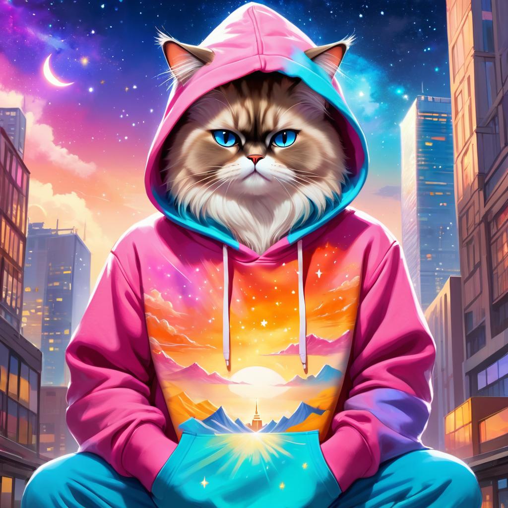 himalayan cat in a colorful hoodie, with a magical urban background highlighting a cute and happy vibe.