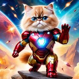 himalayan cat as iron man, showcasing a celestial, painterly style with a magical iron man costume.