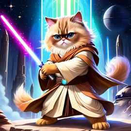 himalayan cat as a jedi knight, with a lightsaber and star wars backdrop in a celestial, painterly style.