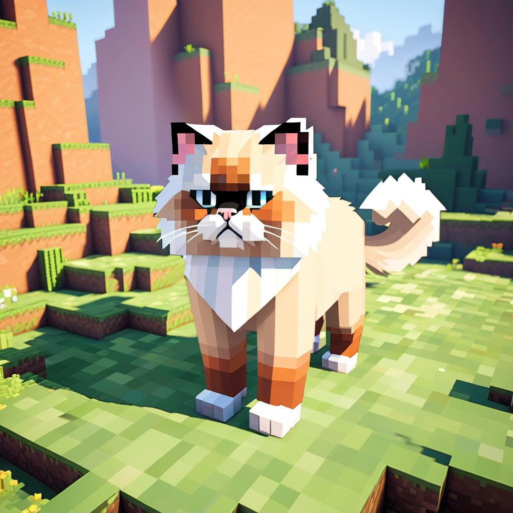 himalayan cat as a minecraft character in pixel graphics, capturing the charm of the blocky minecraft universe.