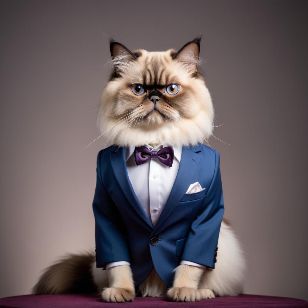 professional headshot of himalayan cat wearing a stylish suit for a cv or linkedin, studio photo.