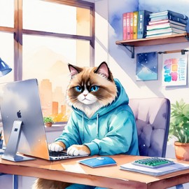 watercolor illustration of himalayan cat as a programmer, working on a laptop in a hoodie, capturing a cute and vibrant scene.