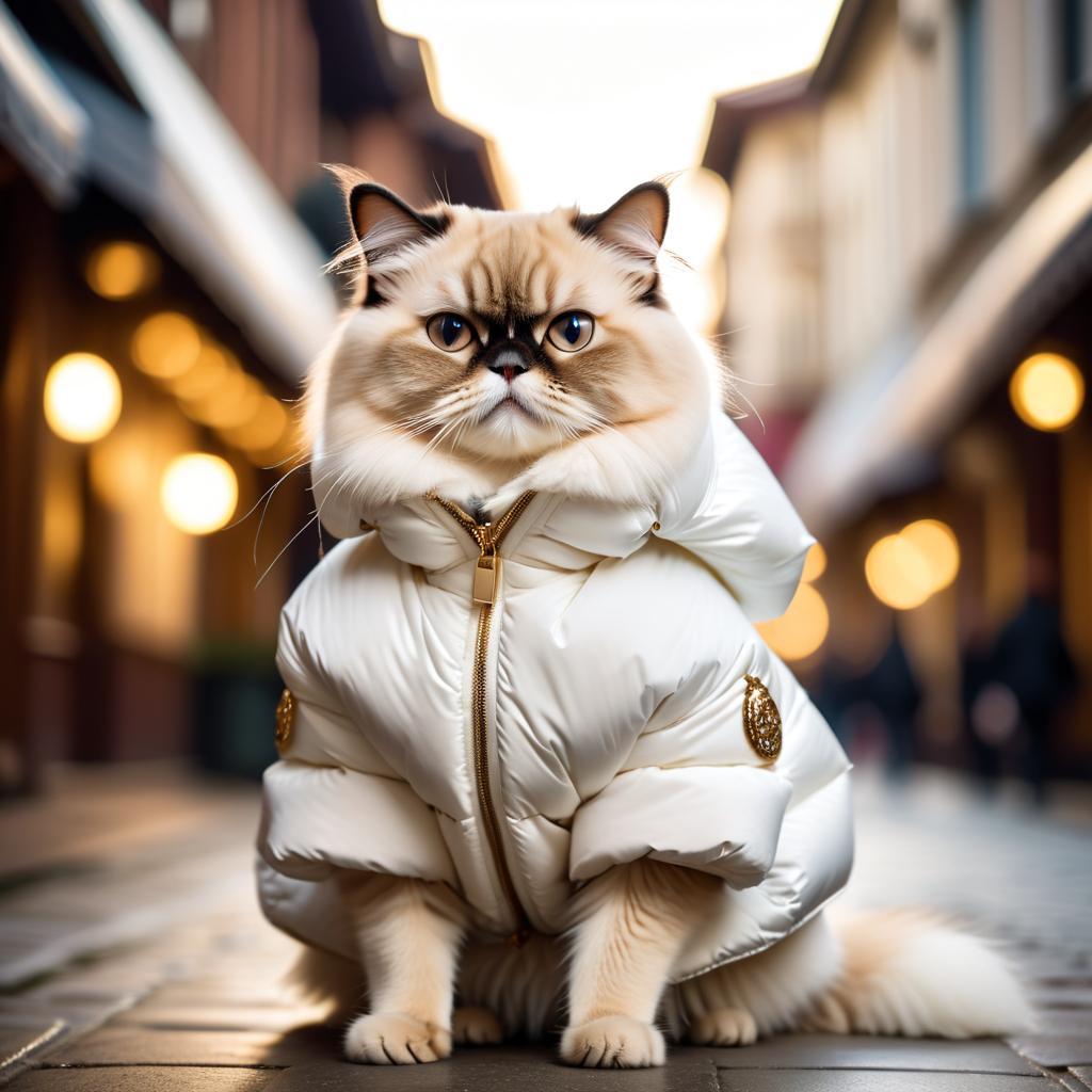 himalayan cat in a large white puffer coat with golden hip hop chains, set in a posh urban environment.