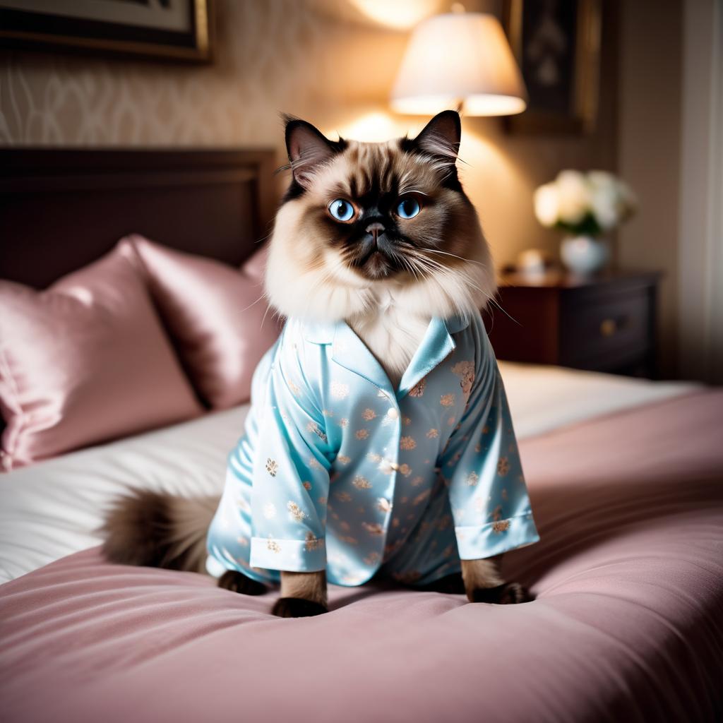 himalayan cat in cute pyjamas, relaxing in a beautiful posh bedroom, highlighting happiness and coziness.