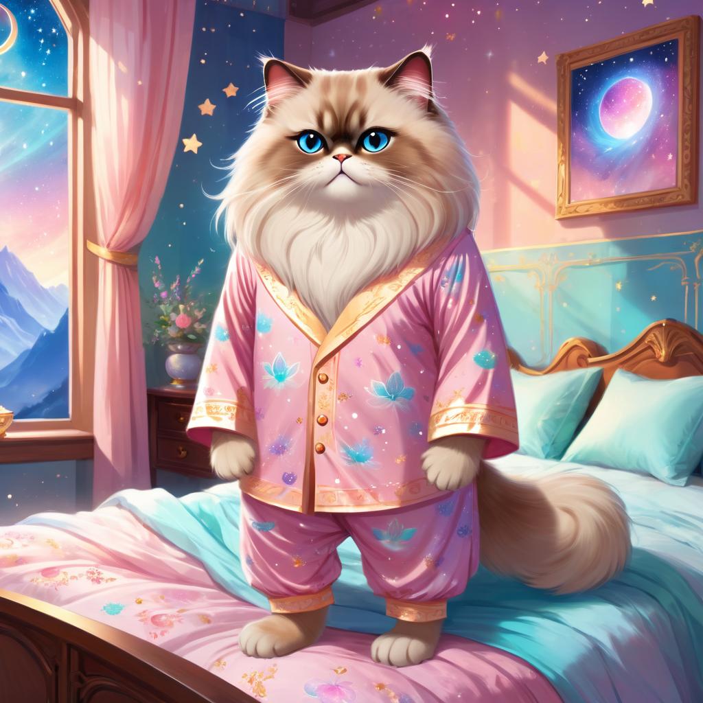 himalayan cat in cute pyjamas, relaxing in a posh bedroom, capturing an ethereal and happy moment.