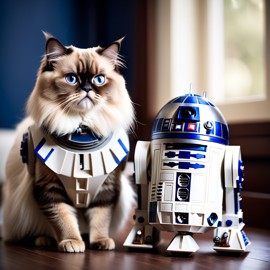 himalayan cat as r2d2 from star wars, dressed as r2d2 in a detailed star wars scene.