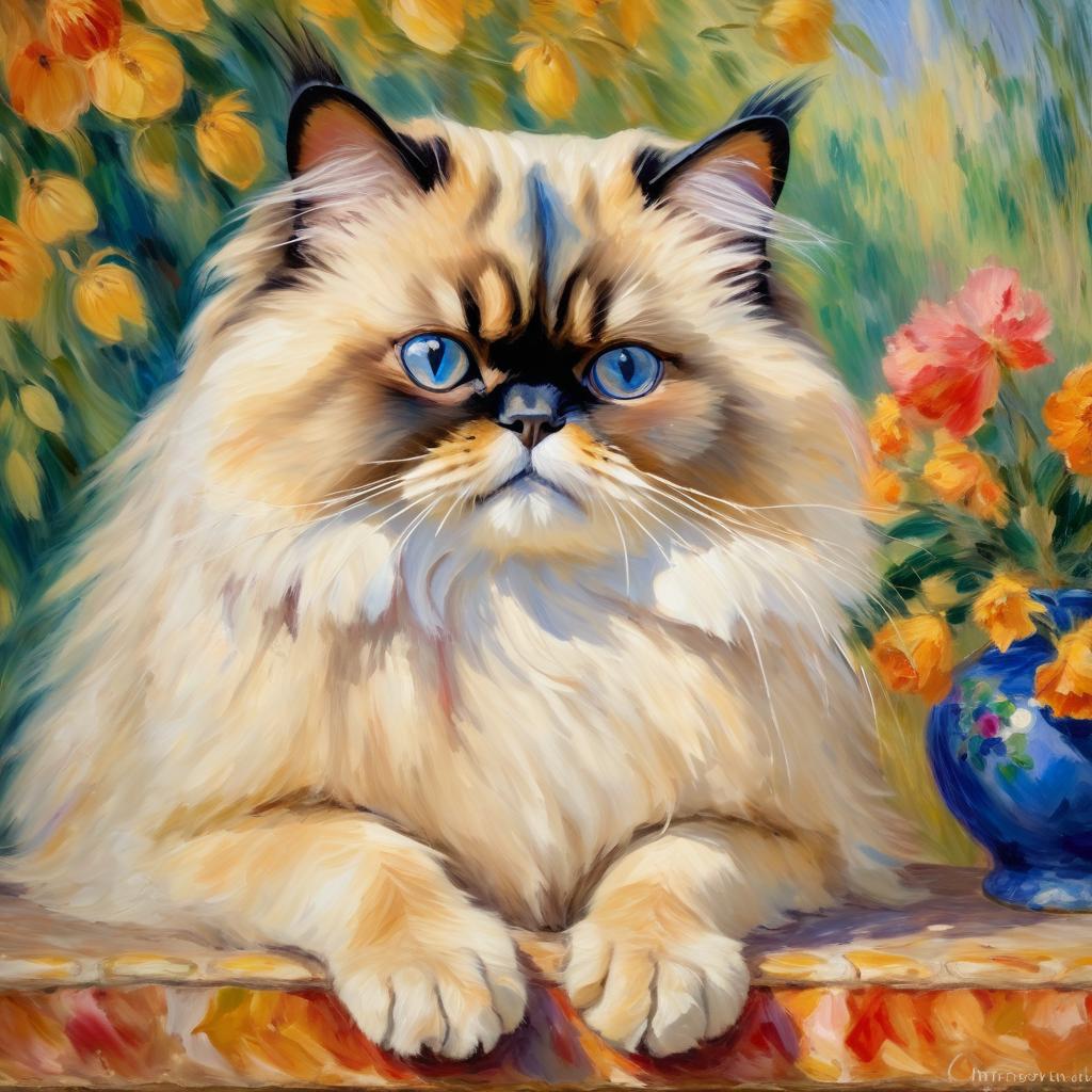 himalayan cat in the style of renoir, showcasing classic artistic brush strokes and timeless elegance.