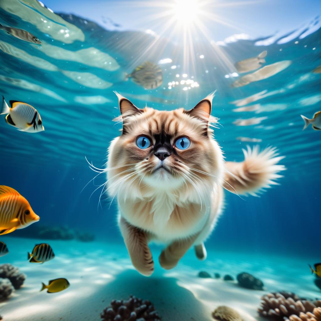 himalayan cat swimming in a vibrant blue ocean with fish and coral reef, capturing a sunny and happy underwater scene.