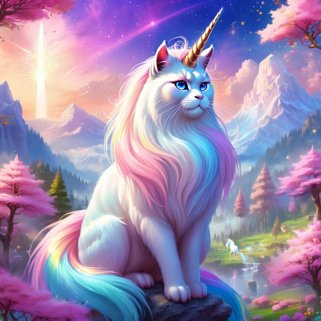 himalayan cat as a unicorn in a magical fairytale environment, capturing an ethereal and majestic scene.