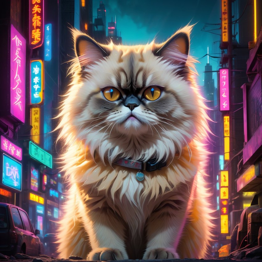 himalayan cat in a vibrant neon city with chinapunk style, featuring captivating lighting and a modern, exotic look.