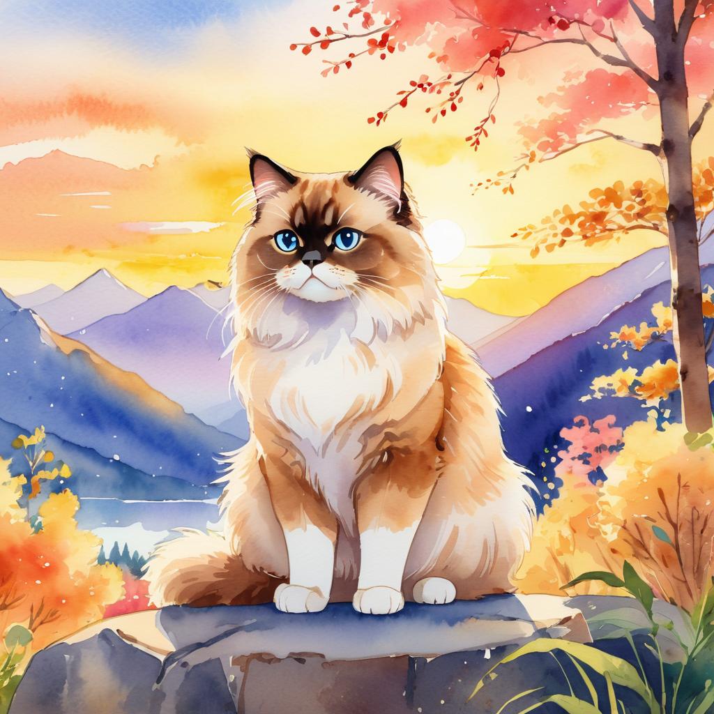 watercolor painting of himalayan cat in golden hour light, showcasing vibrant colors and a happy nature scene in a highly detailed illustration.