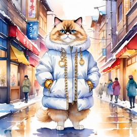 watercolor painting of himalayan cat in a white puffer coat with golden hip hop chains, set in a posh urban environment.