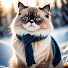 himalayan cat in a beautiful winter scene, wearing stylish winter clothing, looking cute and happy.