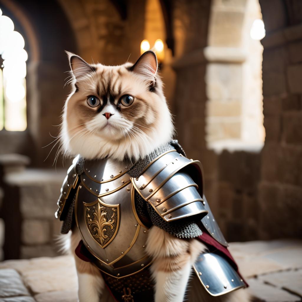 himalayan cat as a medieval knight in a cinematic film still, detailed armor, set in a grand medieval castle.