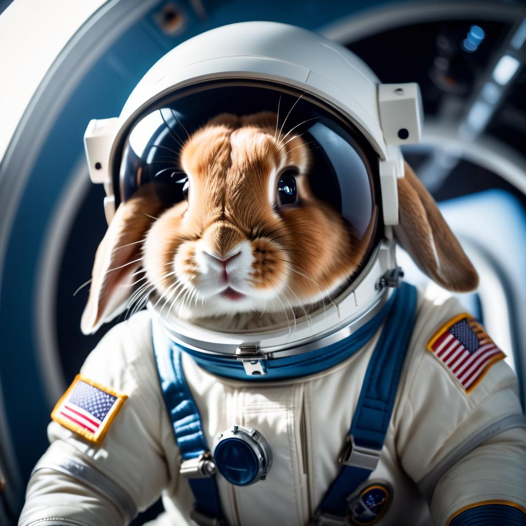 holland lop rabbit as astronaut in space, wearing spacesuit, with spacestation background.