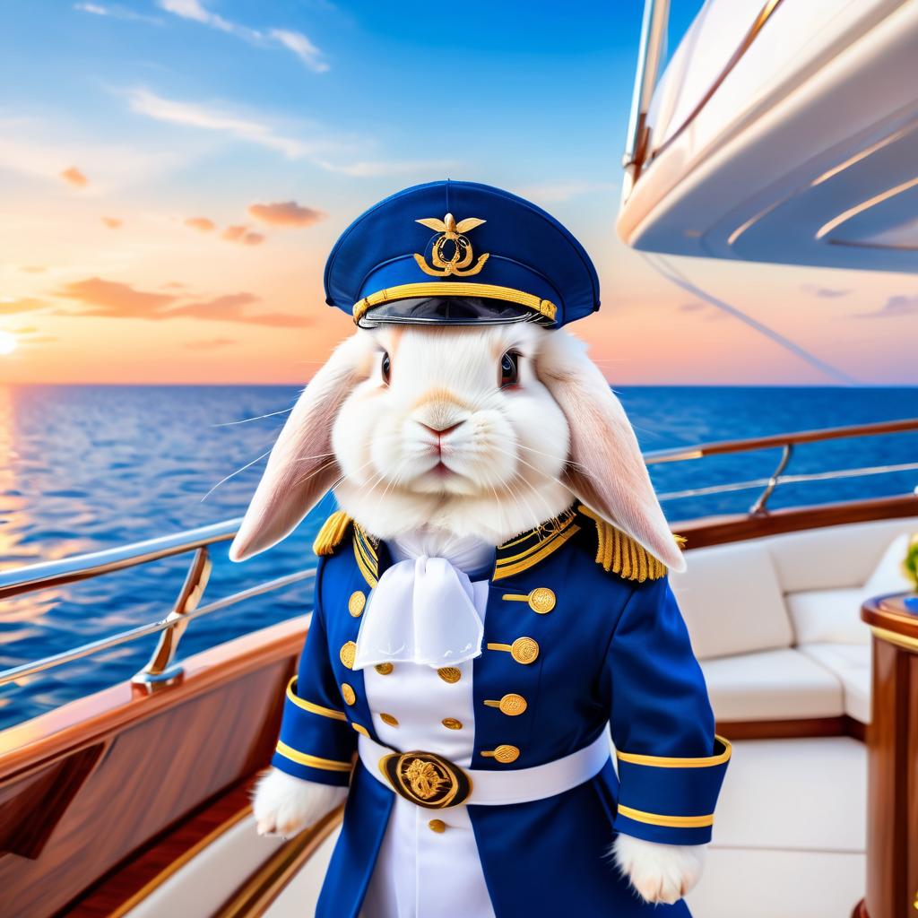 holland lop rabbit as a captain on a luxury yacht, wearing captain uniform, ethereal and majestic.