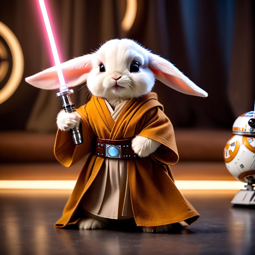 holland lop rabbit as a jedi knight, featuring a lightsaber and a star wars environment in a high-detail, epic style.