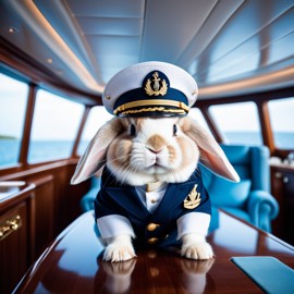 holland lop rabbit as a captain on a luxury yacht, wearing captain uniform, against a blue sea.