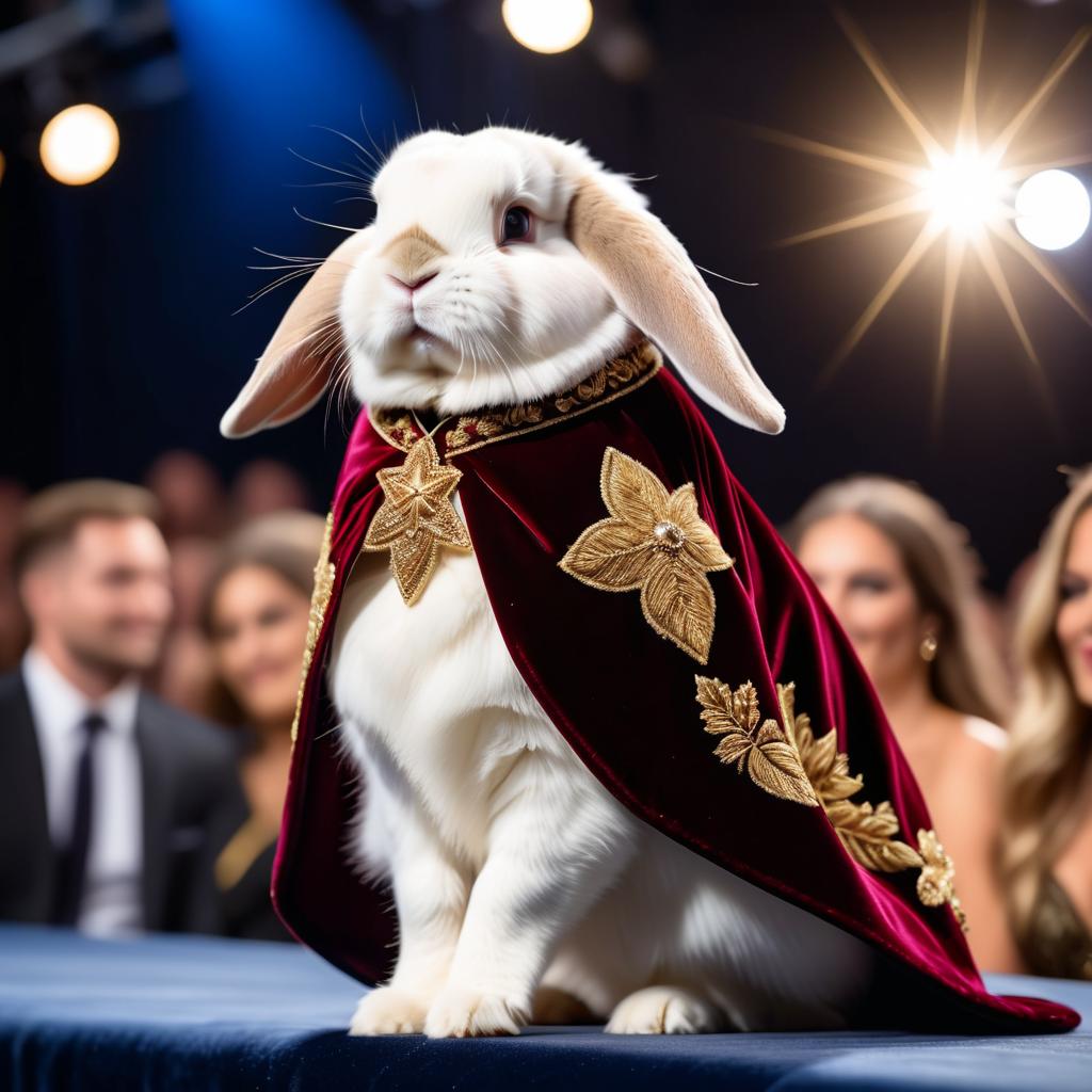 holland lop rabbit strutting down the fashion show catwalk stage in a luxurious velvet cape with gold embroidery, high energy and majestic.