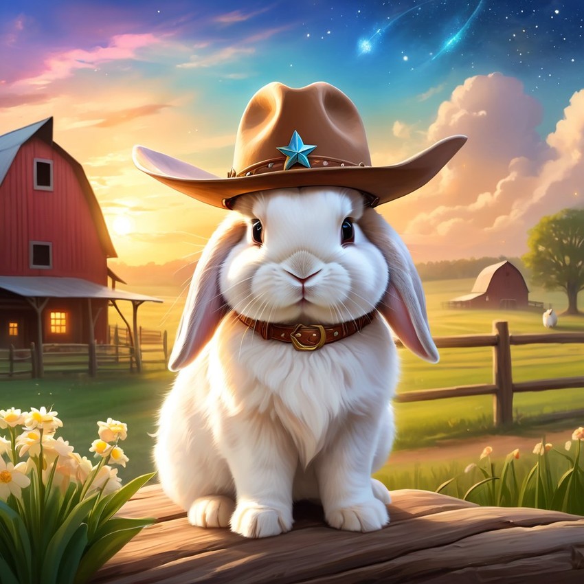 holland lop rabbit as a cowboy wearing a hat, in the midwest countryside, on a farm.