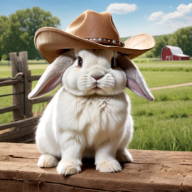 holland lop rabbit as a cowboy wearing a hat, in the midwest countryside, on a farm.