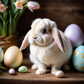 holland lop rabbit in a beautiful easter setting with colorful eggs, highly detailed and charming.