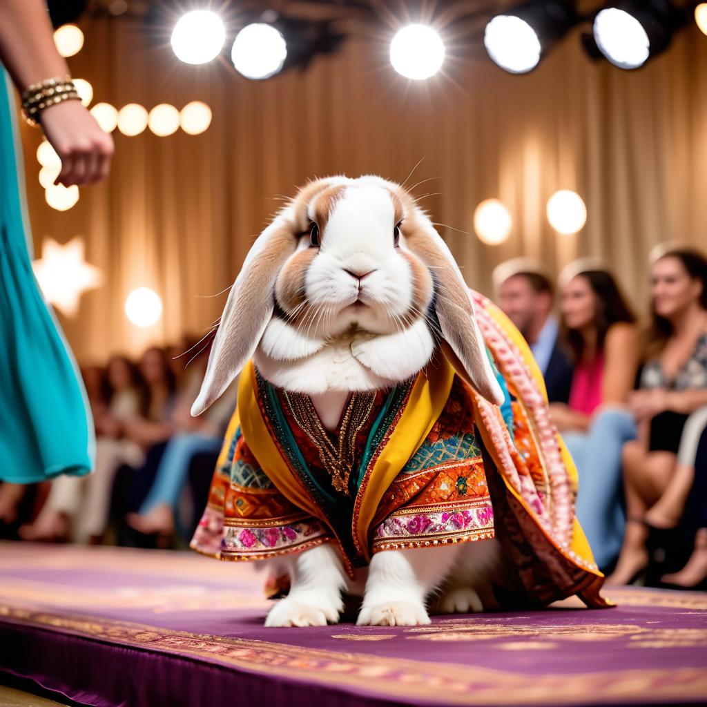 holland lop rabbit strutting down the fashion show catwalk stage in a colorful bohemian outfit with flowing fabrics, high energy and joyful.