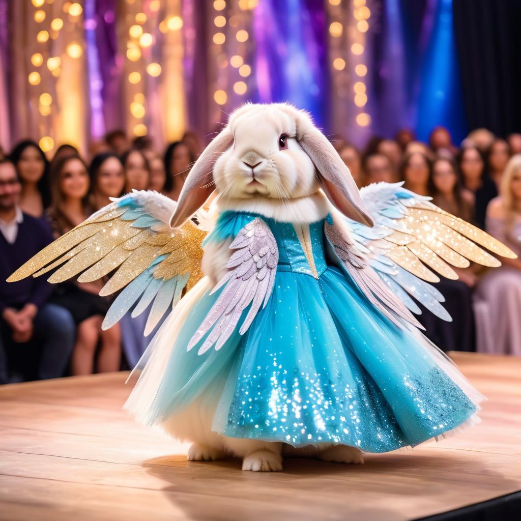 holland lop rabbit strutting down the fashion show catwalk stage in a magical fairytale dress with glittering wings, high energy and magical.