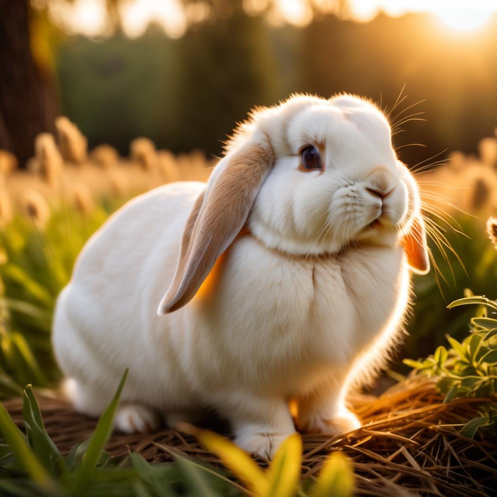 holland lop rabbit in golden hour light, highlighting their beauty in nature with a moody and detailed atmosphere.