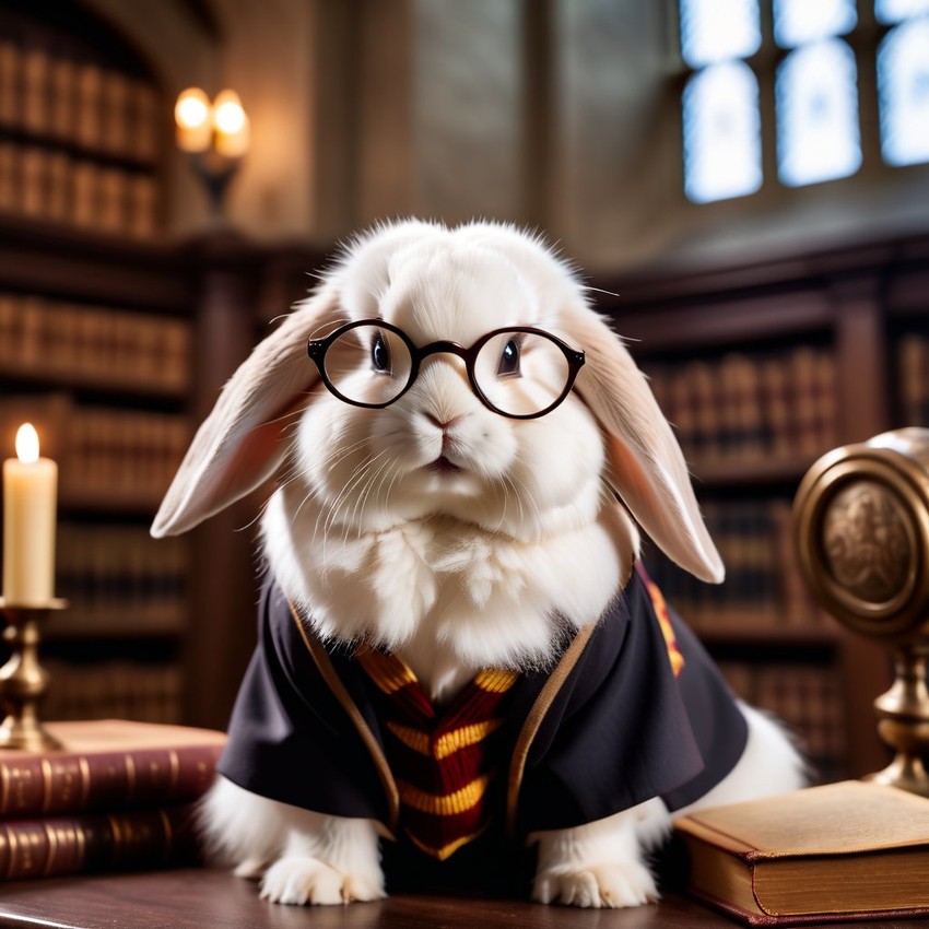 holland lop rabbit as harry potter, with glasses and hogwarts setting, capturing the magical and epic essence.