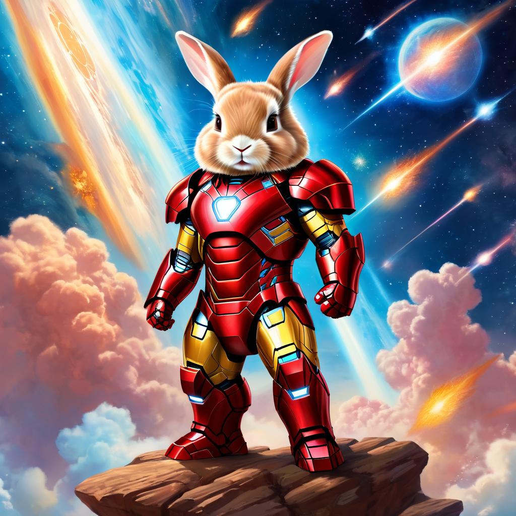 holland lop rabbit as iron man, showcasing a celestial, painterly style with a magical iron man costume.