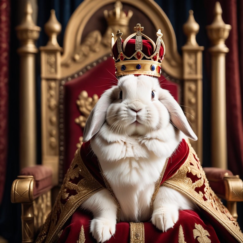 holland lop rabbit as a king in a magical castle, wearing a crown and robe, seated on a throne.